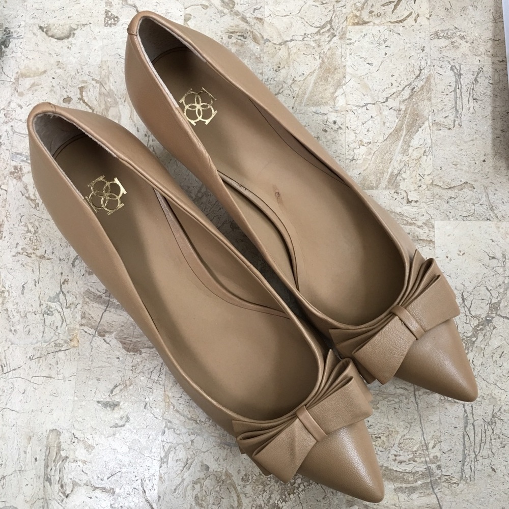 Dress Pump Tan Leather Pointed Toe Bow Slip On